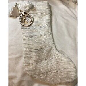 TAHARI Home CHRISTMAS STOCKING Cream / White With Black/ Silver Threads Tassels